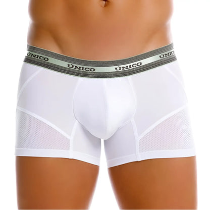 White unico sensacion trunks men’s boxer briefs with gray elastic waistband and mesh side panels in color white