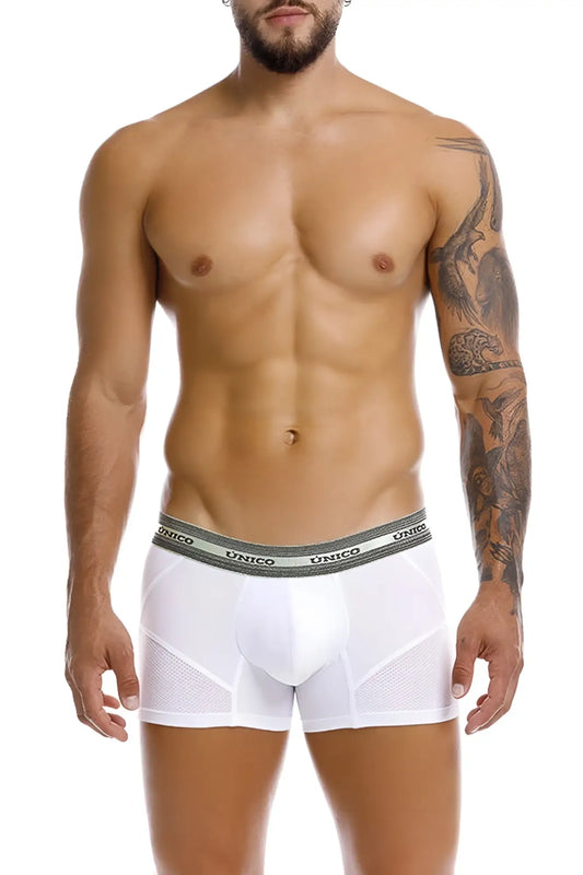 White unico men’s Sensacion trunks boxer briefs with gray elastic waistband and black brand lettering