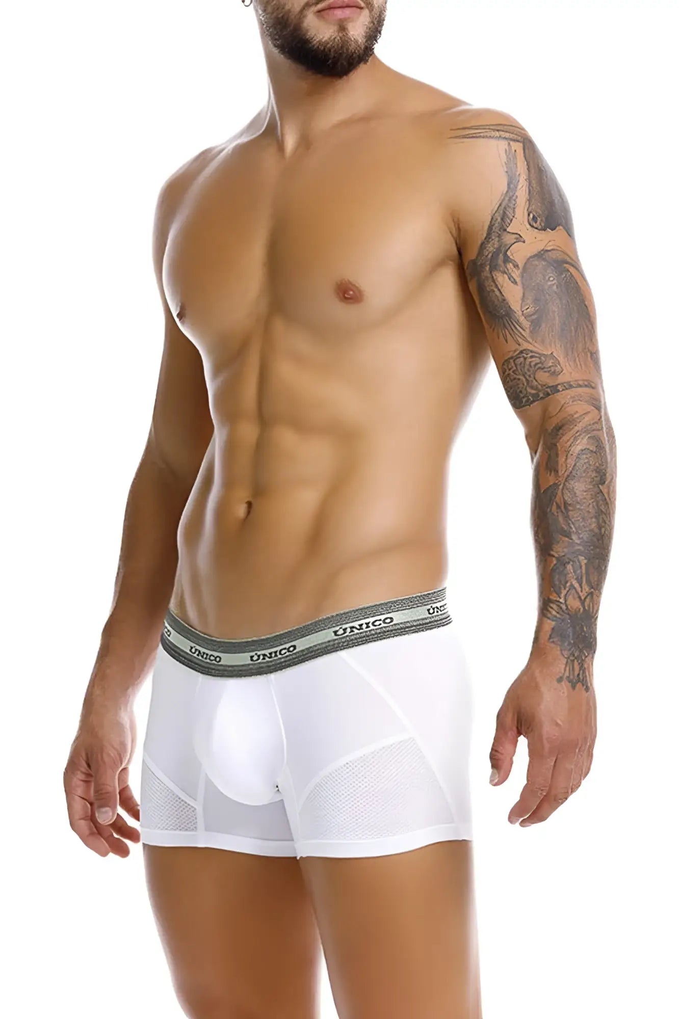 White unico 25040100122 Sensacion trunks men’s boxer briefs with gray elastic waistband and breathable mesh panels