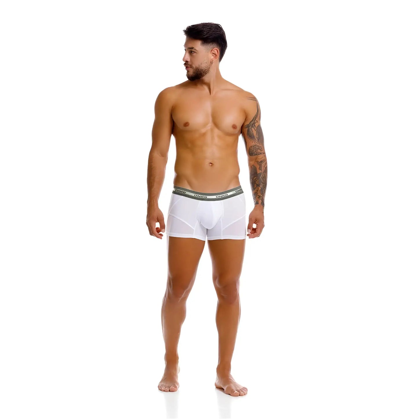 White men’s boxer briefs with gray elastic waistband featuring vince brand name in unico 25040100122 sensacion trunks