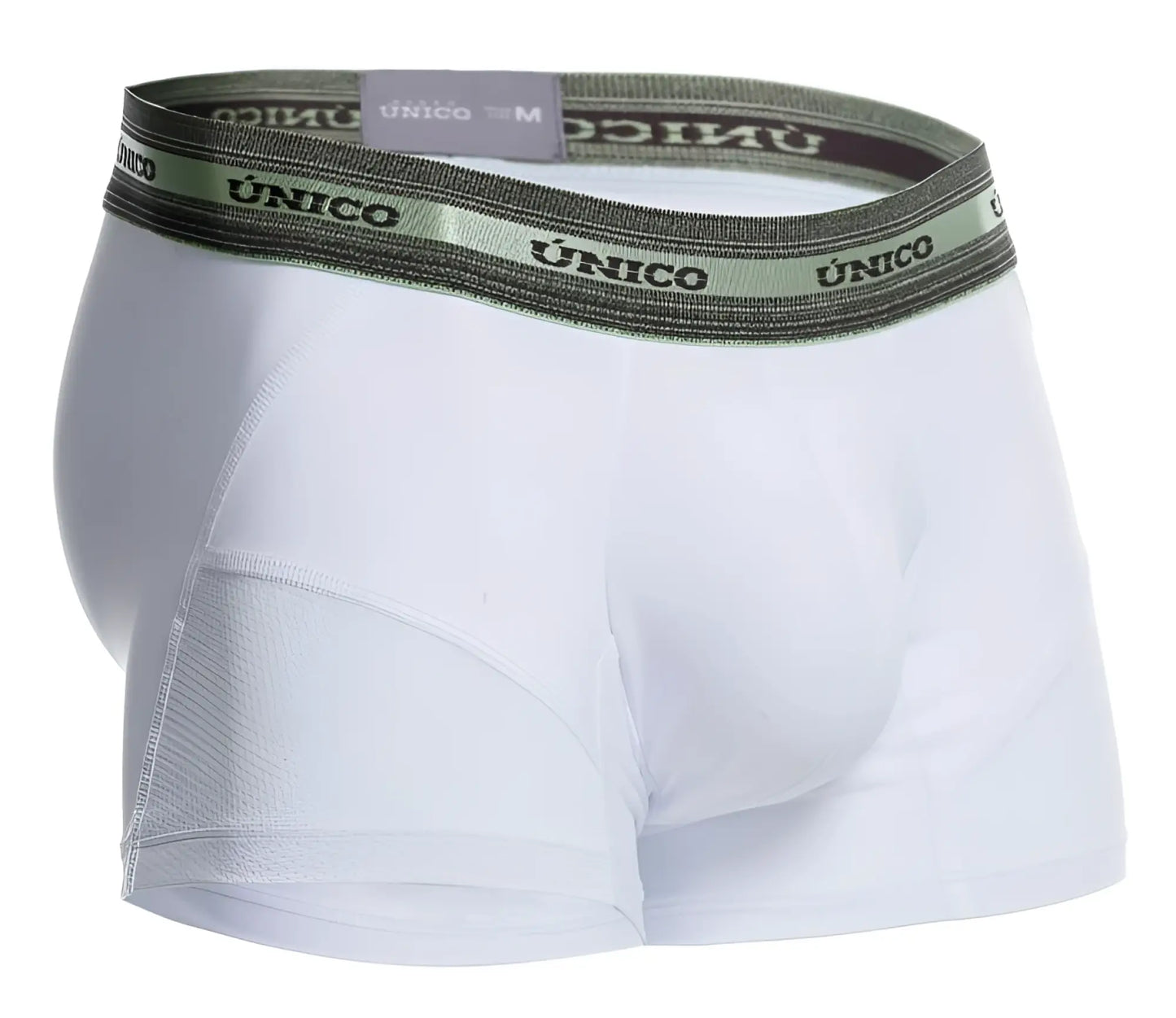 White unico 25040100122 sensacion men’s boxer briefs with green and black elastic waistband featuring brand name