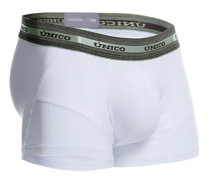 White unico 25040100122 sensacion men’s boxer briefs with green and black elastic waistband featuring brand name