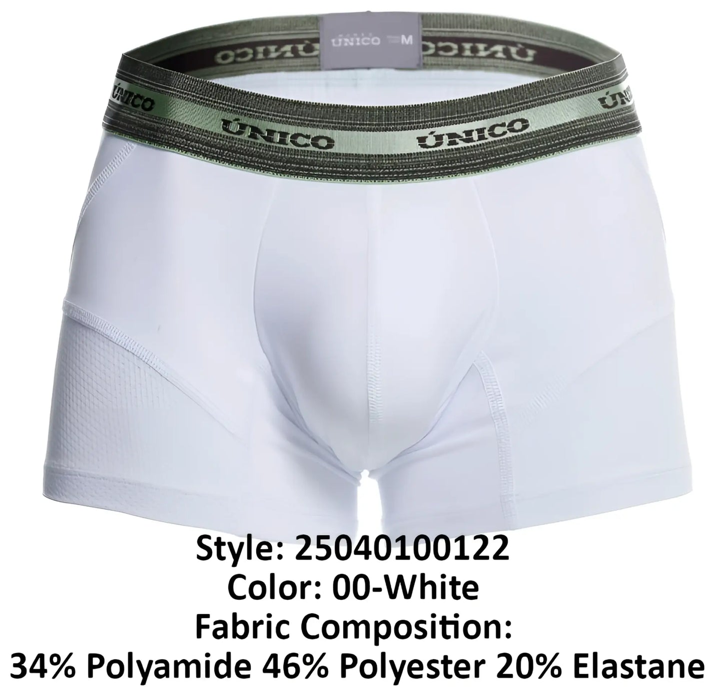 White unico men’s boxer briefs with olive green elastic waistband featuring brand name in black lettering