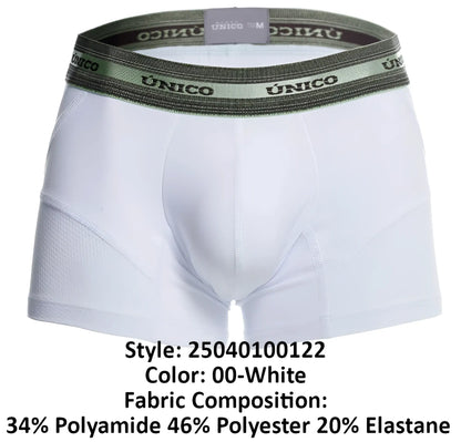 White unico men’s boxer briefs with olive green elastic waistband featuring brand name in black lettering