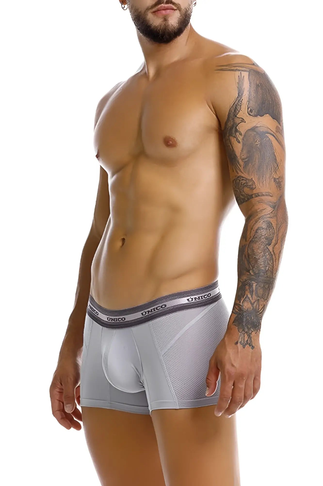 Gray unico boxer briefs with supportive contoured design and branded elastic waistband in color 59 gray