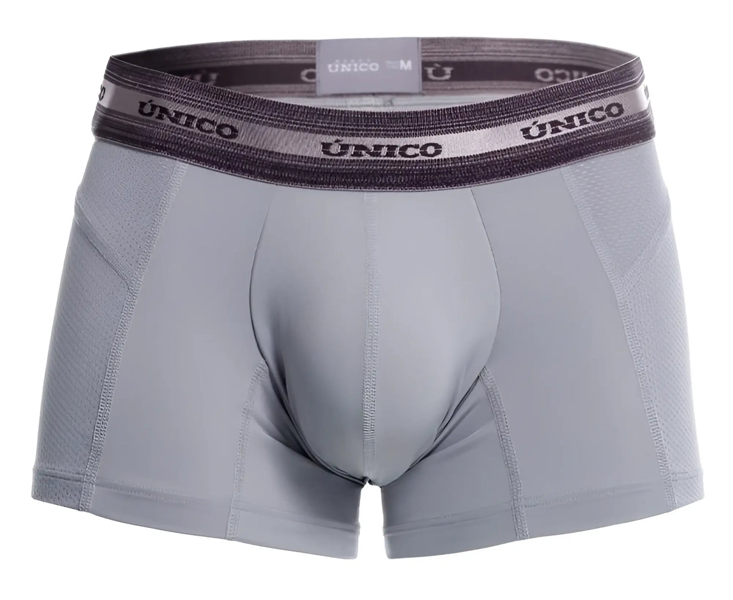 Gray unico men’s boxer briefs with textured waistband featuring brand name in black lettering model 25040100123 albaricoque trunks