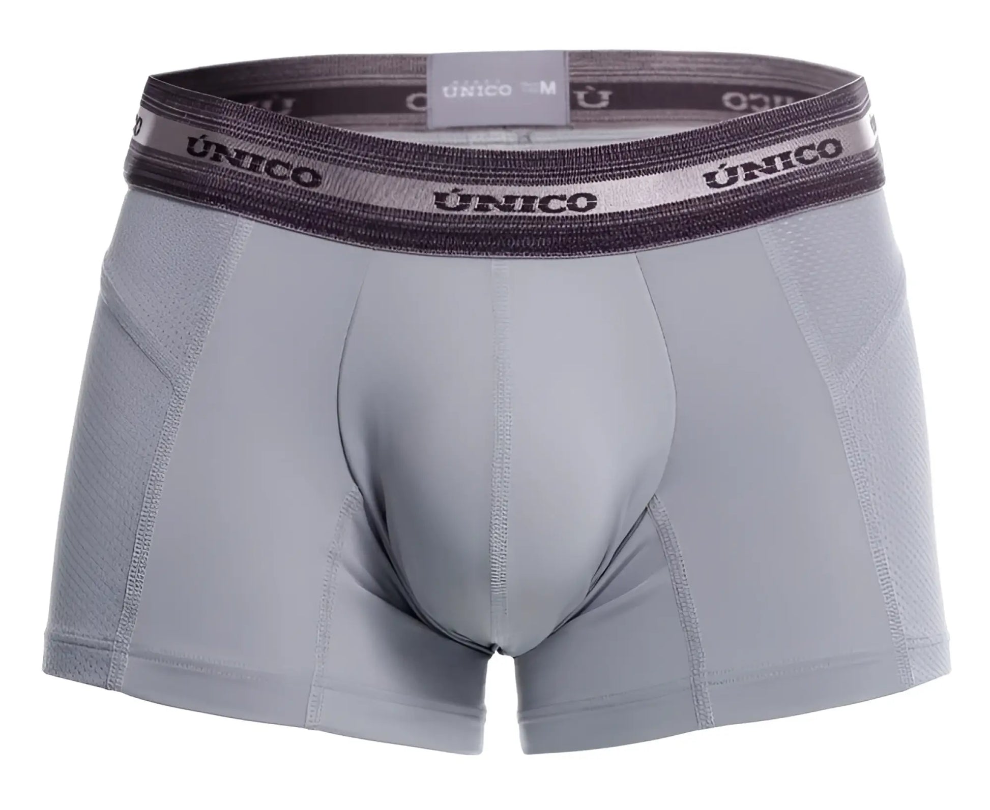 Gray unico men’s boxer briefs with textured waistband featuring brand name in black lettering model 25040100123 albaricoque trunks
