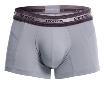 Gray unico men’s boxer briefs with textured waistband featuring brand name in black lettering model 25040100123 albaricoque trunks