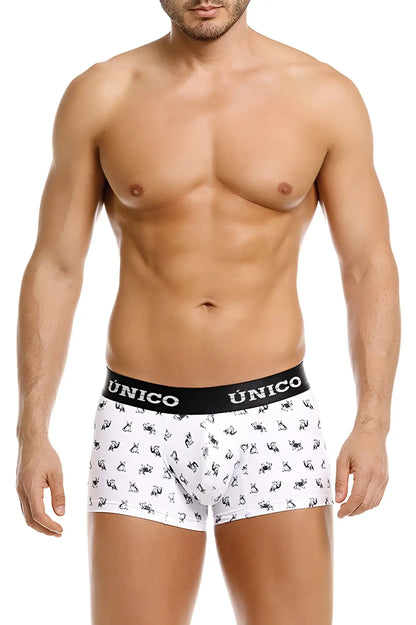 White frenchis trunks briefs with a black unico waistband and small black animal prints color 00 white