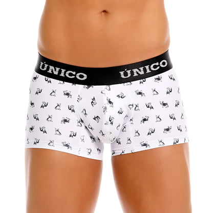 White unico 25040100130 frenchis trunks with black waistband and small black cartoon dog pattern on white briefs