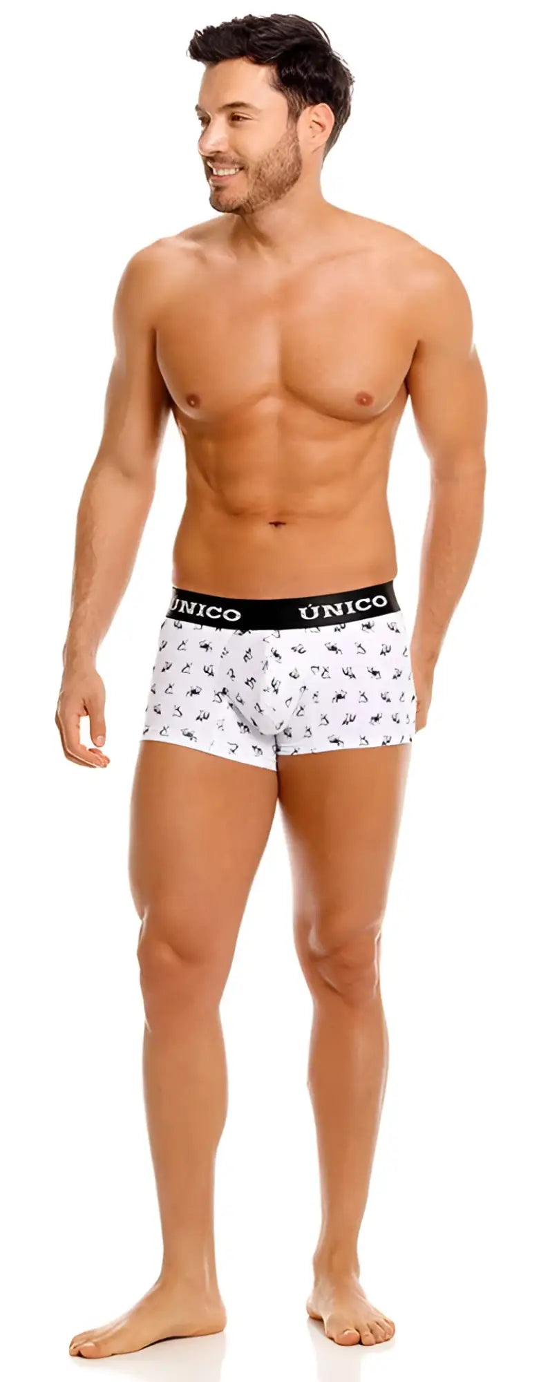 White unico boxer briefs with black waistband featuring brand name and dark blue insect patterns in frenchis trunks color 00-white