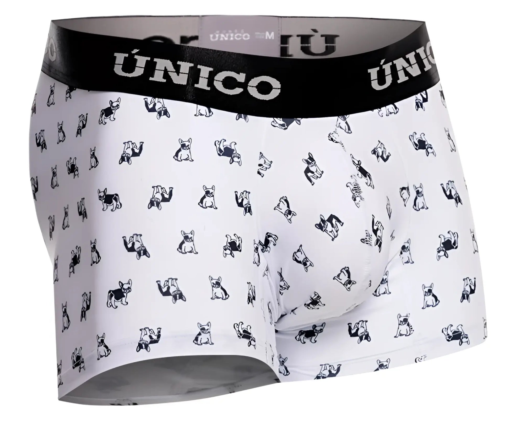 White boxer briefs with black unico waistband and black french bulldog pattern in unico 25040100130 frenchis trunks color 00-white