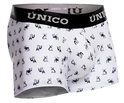 White boxer briefs with black unico waistband and black french bulldog pattern in unico 25040100130 frenchis trunks color 00-white