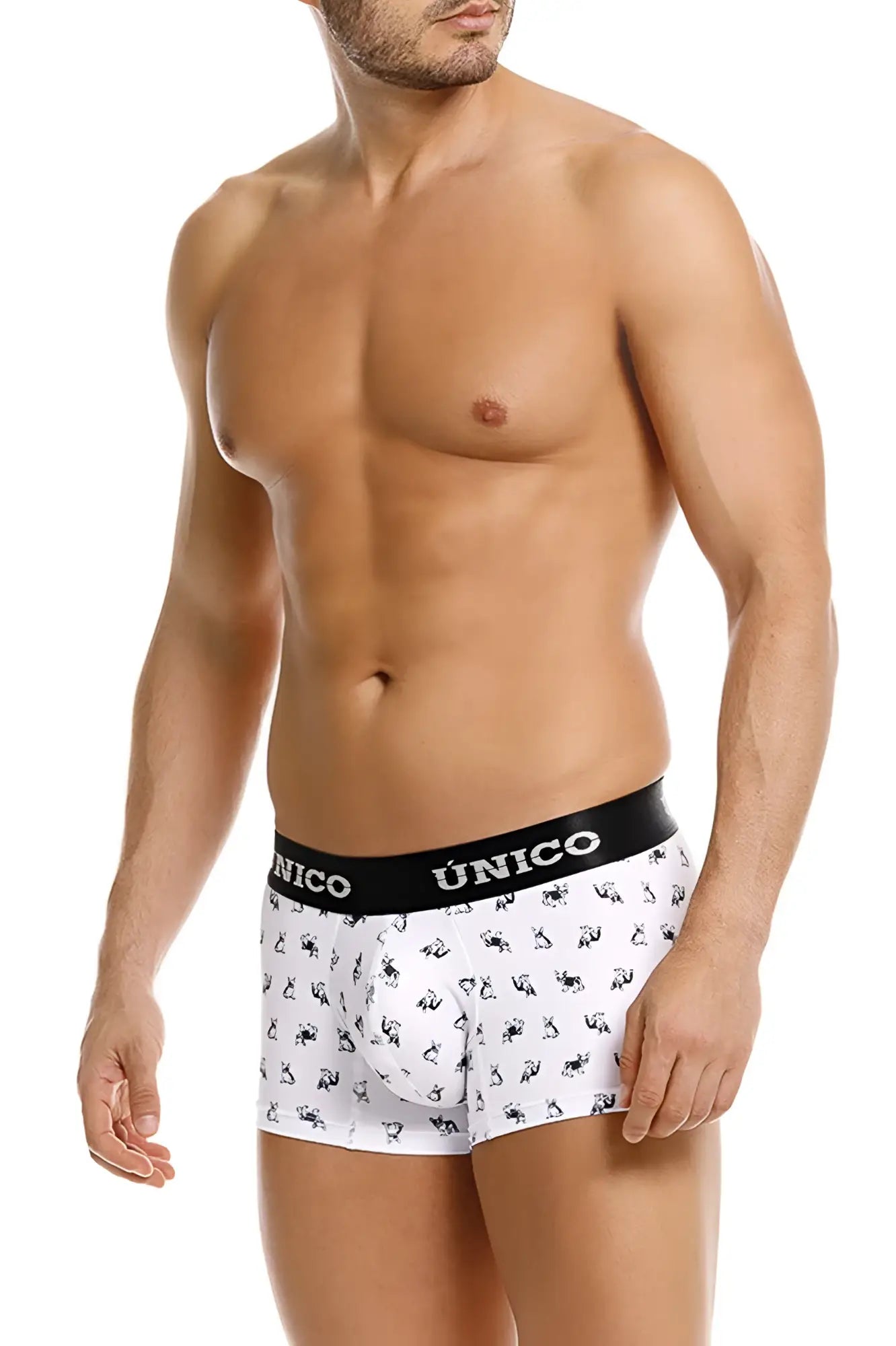 White unico 25040100130 frenchis trunks with black waistband and repeating black animal silhouettes in white color