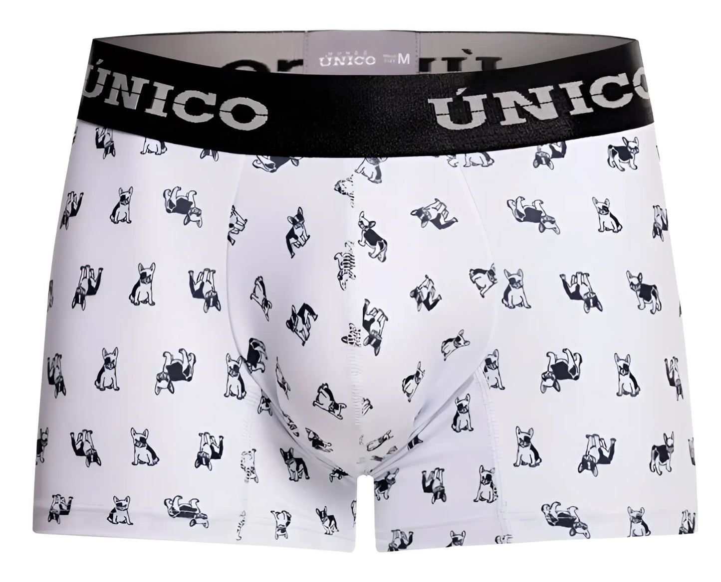 White unico boxer briefs with black waistband and repeating small black french bulldog pattern color 00-white