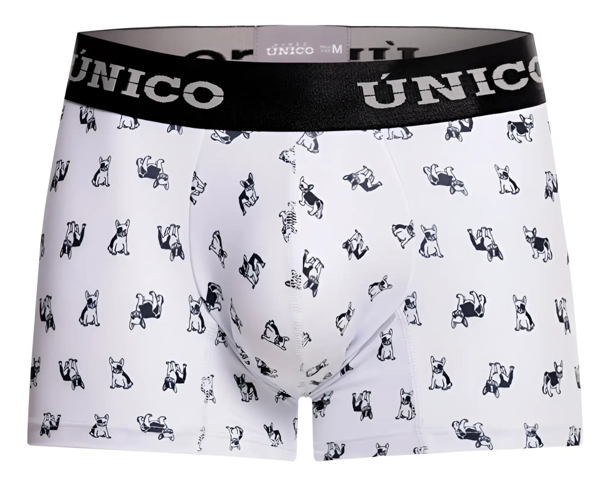 White unico boxer briefs with black waistband and repeating small black french bulldog pattern color 00-white