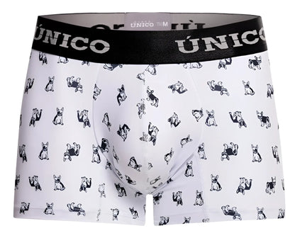 White unico boxer briefs with black waistband and repeating small black french bulldog pattern color 00-white