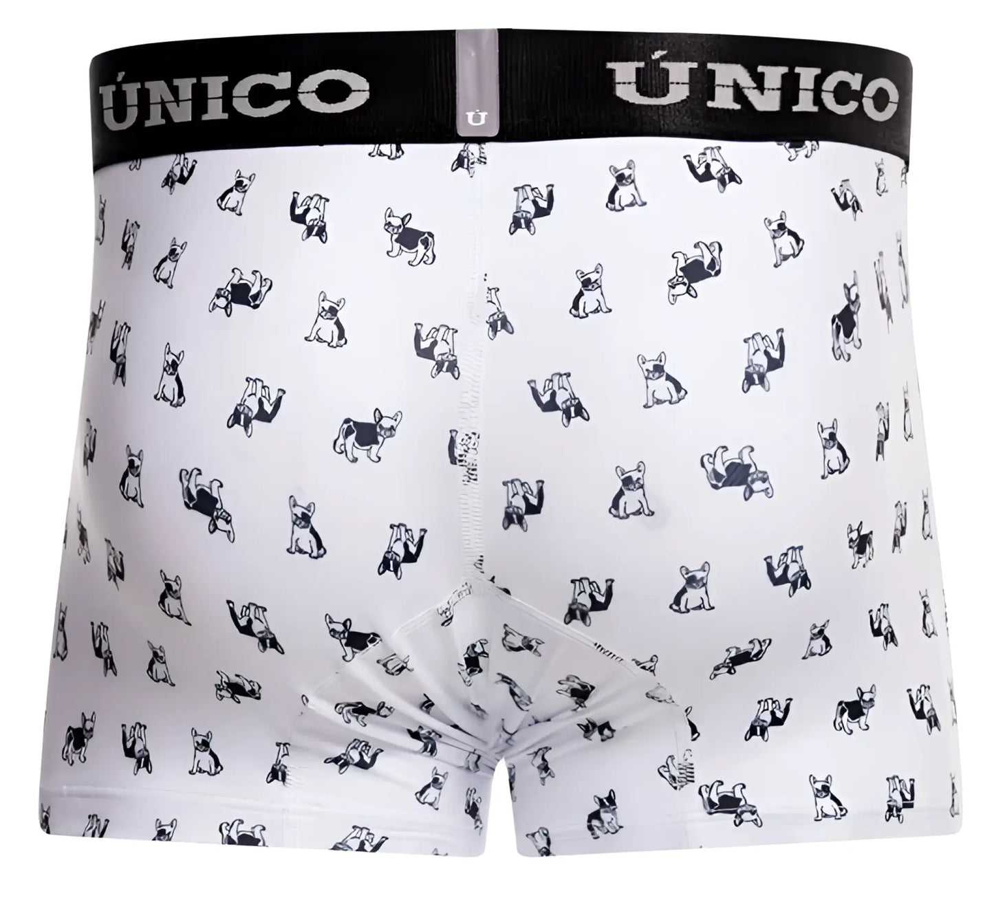 White unico boxer briefs with black waistband and gray french bulldog pattern for comfortable everyday wear