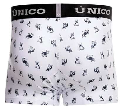 White unico boxer briefs with black waistband and gray french bulldog pattern for comfortable everyday wear