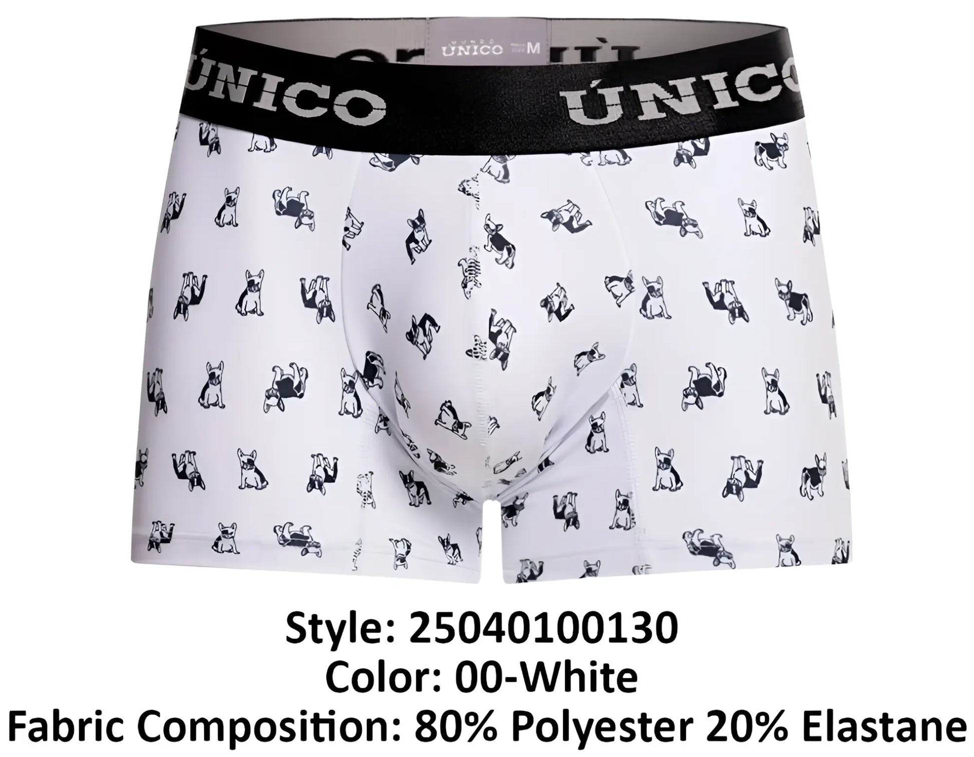 White boxer briefs with black french bulldog pattern and black unico branded elastic waistband in frenchis trunks style