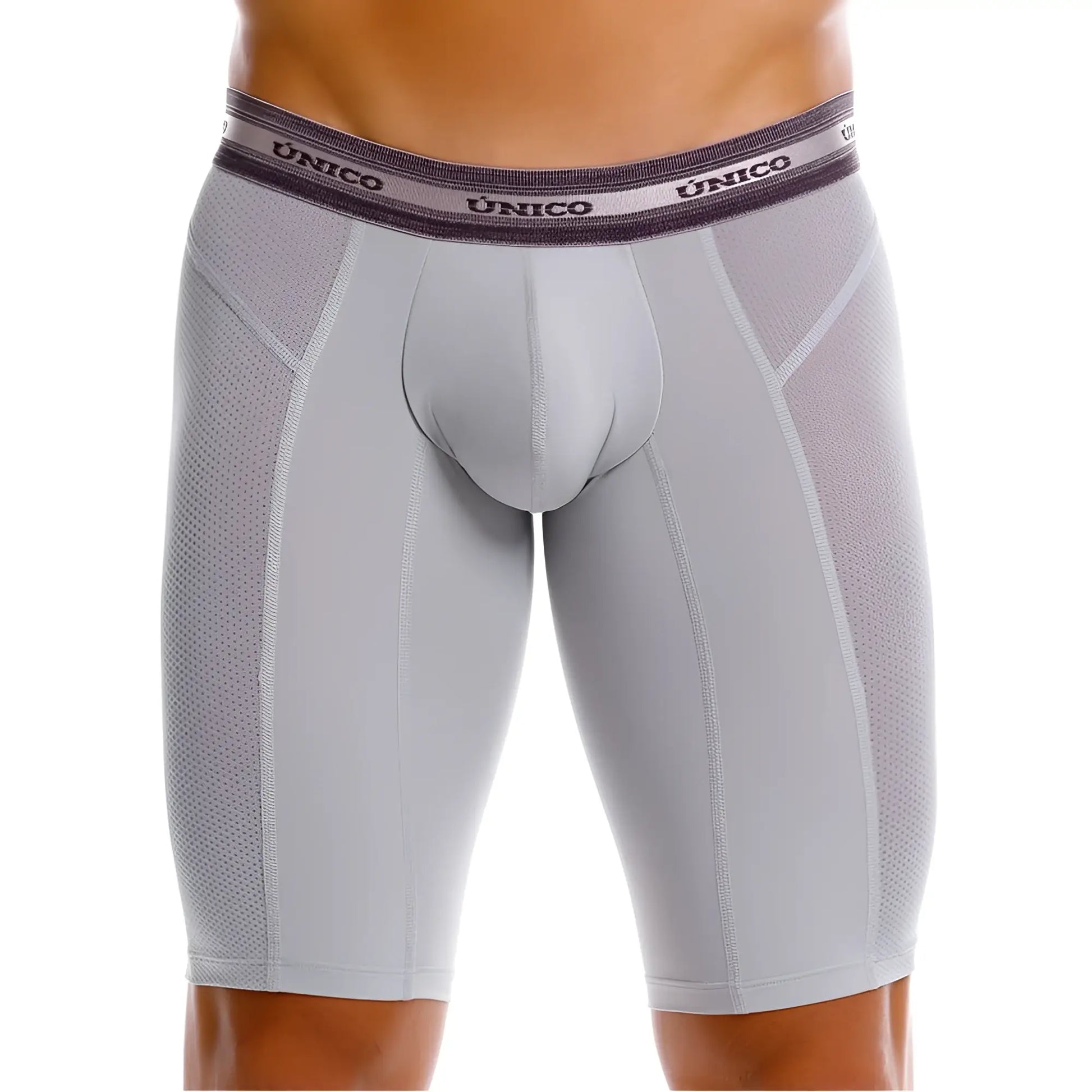 Gray unico men’s athletic briefs with mesh panel design and branded waistband in color 59-gray