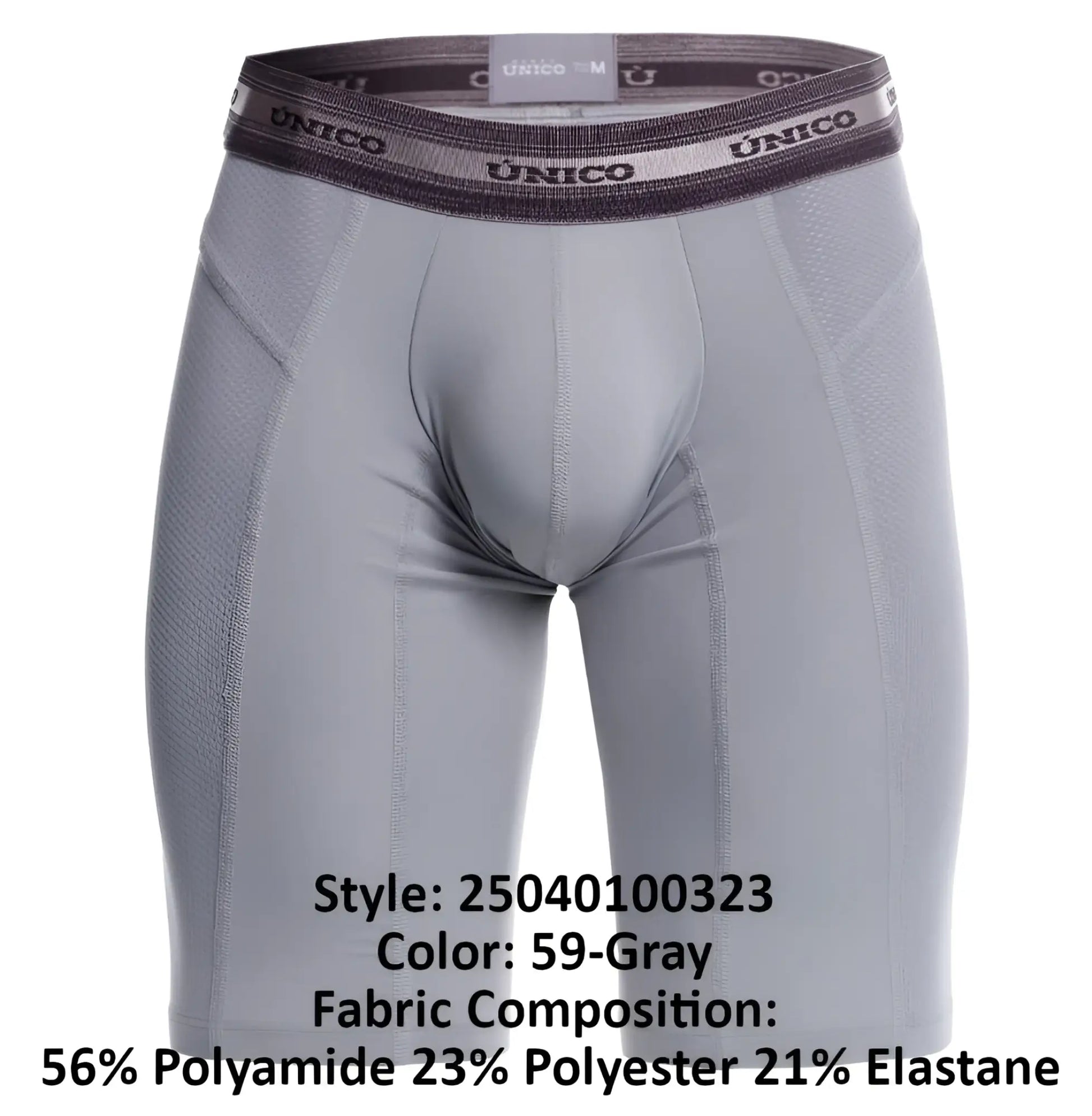 Gray unico men’s compression boxer briefs with textured waistband made from performance fabric blend
