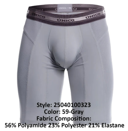 Gray unico men’s compression boxer briefs with textured waistband made from performance fabric blend