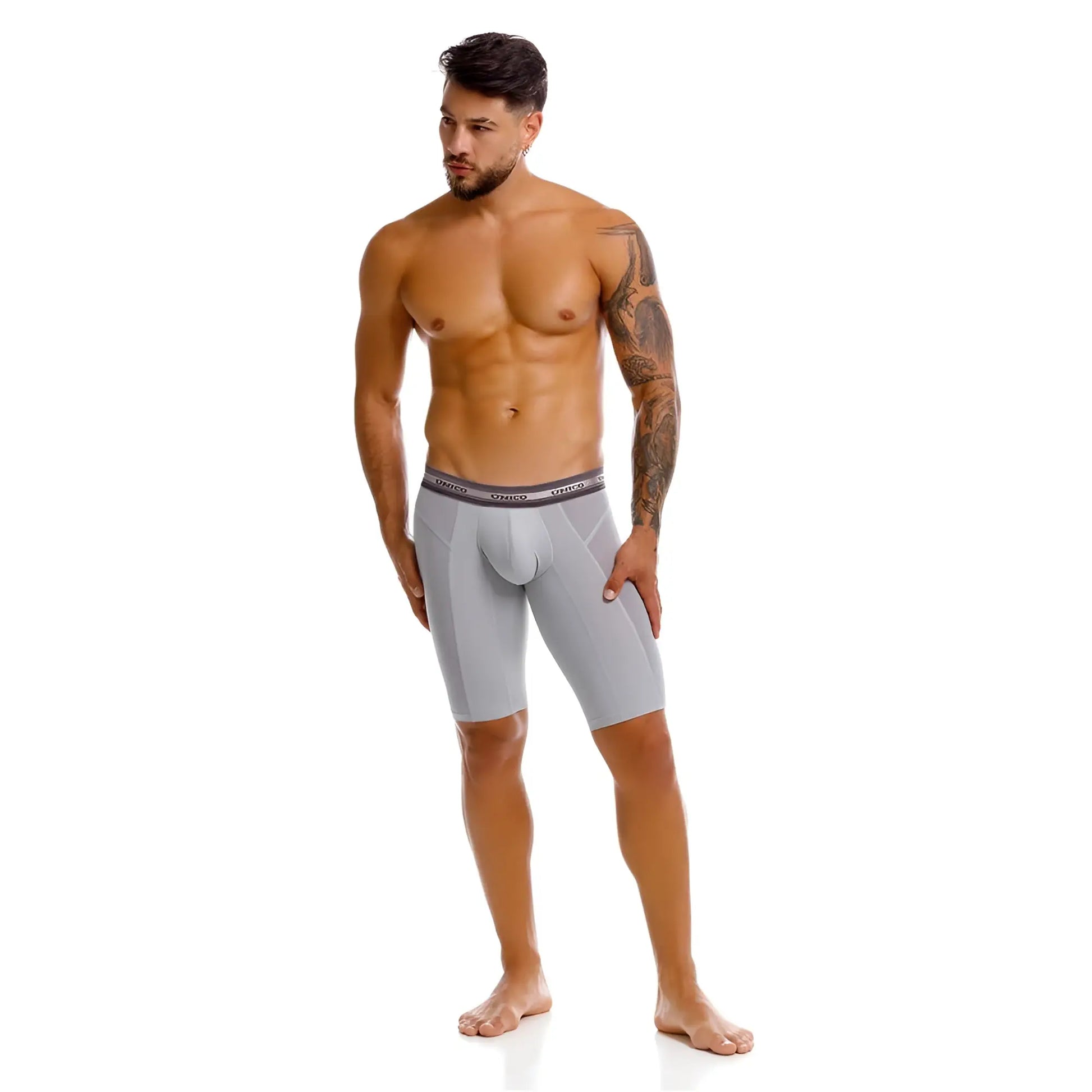 Gray unico 25040100323 albaricoque boxer briefs with dark gray elastic waistband and white dance branding