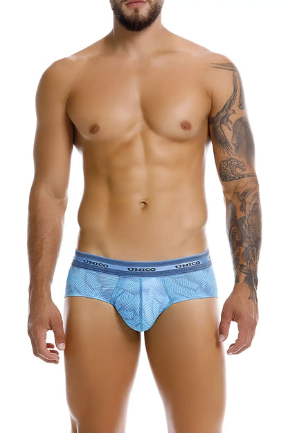 Light blue unico Estraza briefs with a subtle leaf pattern and logo printed on the waistband color 46-Blue