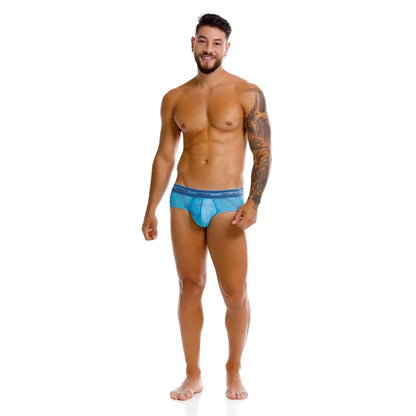 Unico 25040101101 estraña briefs in blue mesh with a solid blue waistband featuring the brand name since in white