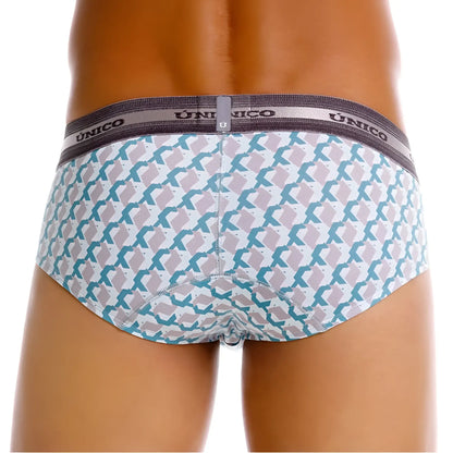Unico 25040101115 caterva briefs in white with teal and light gray geometric print men’s underwear