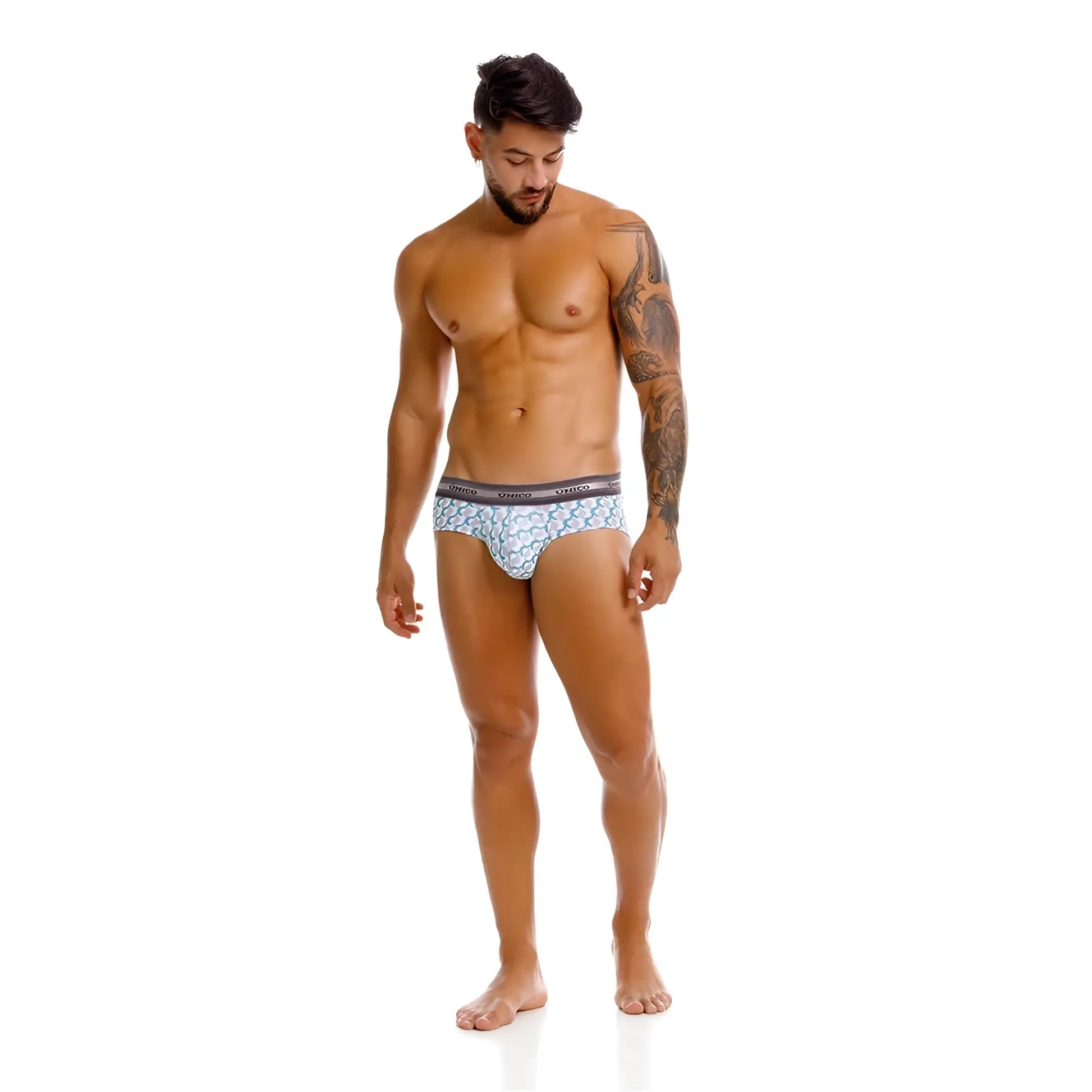 Unico caterva briefs in light blue with a patterned design and dark gray elastic waistband in color 43-printed