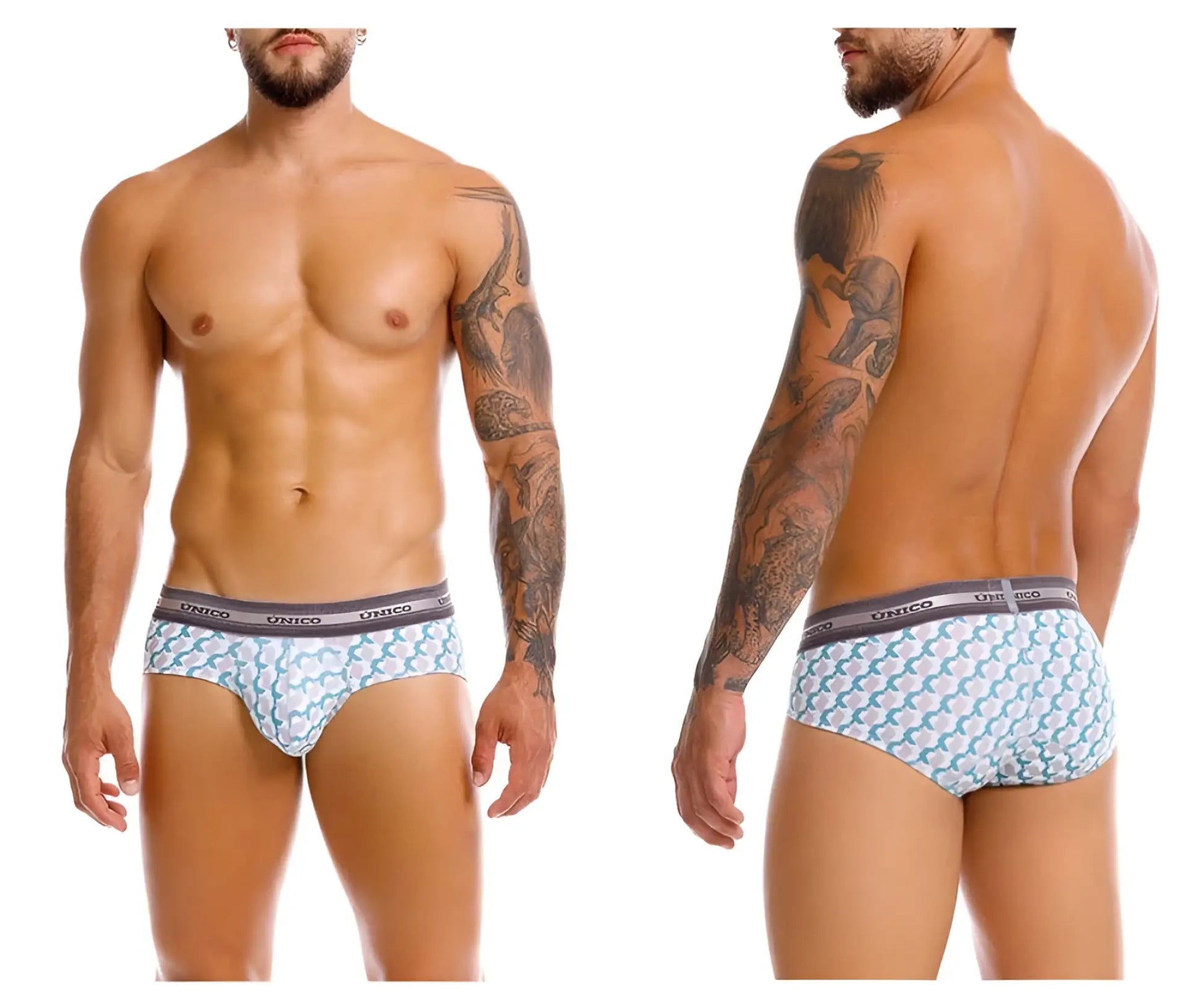 Unico 25040101115 Caterva briefs in light blue and white pattern with gray waistband featuring unico brand name