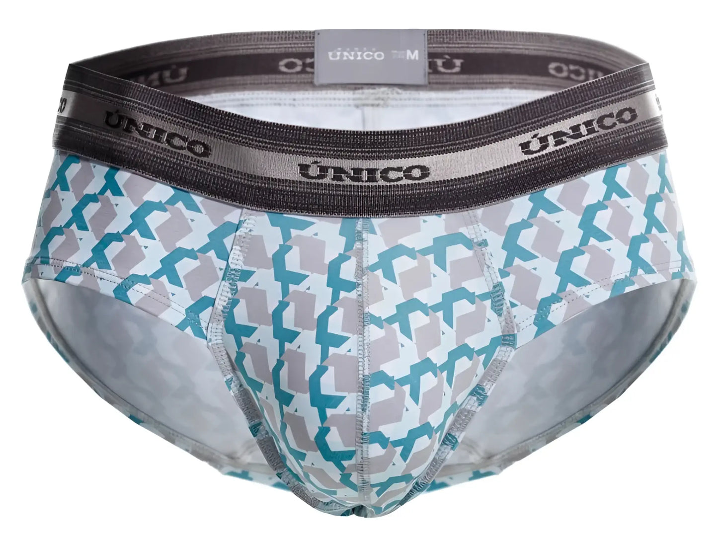 Unico 25040101115 Caterva briefs with teal and gray geometric pattern on white fabric and dark gray elastic waistband