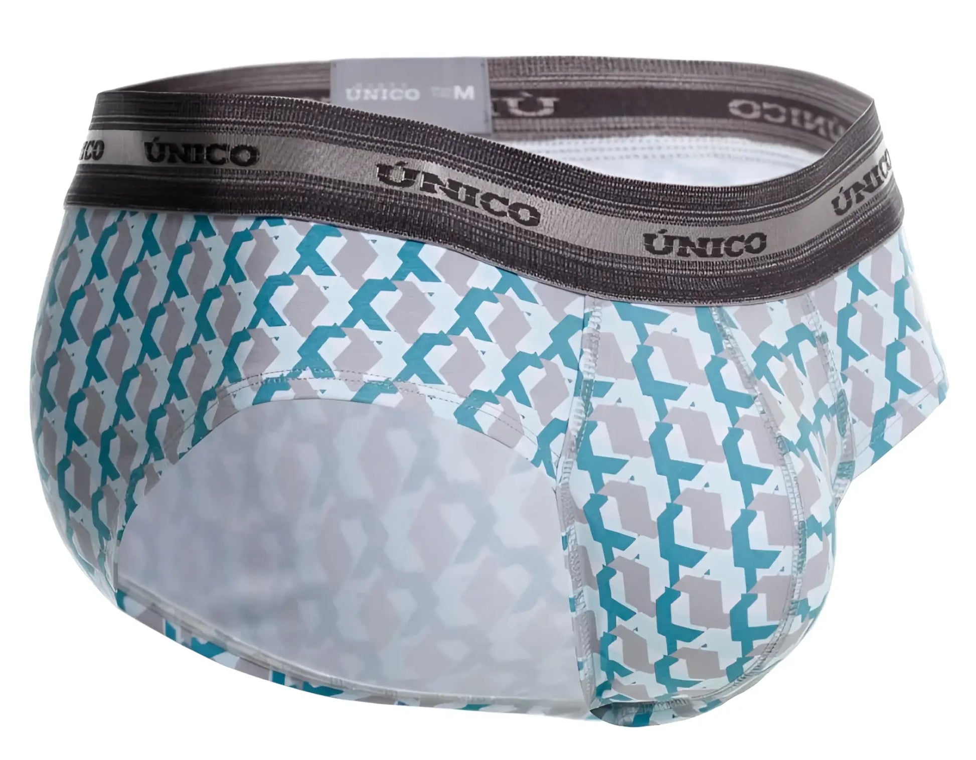 A pair of unico 25040101115 caterva briefs with teal and gray geometric pattern on white and dark gray waistband