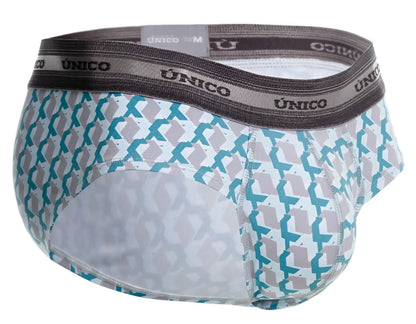 A pair of unico 25040101115 caterva briefs with teal and gray geometric pattern on white and dark gray waistband