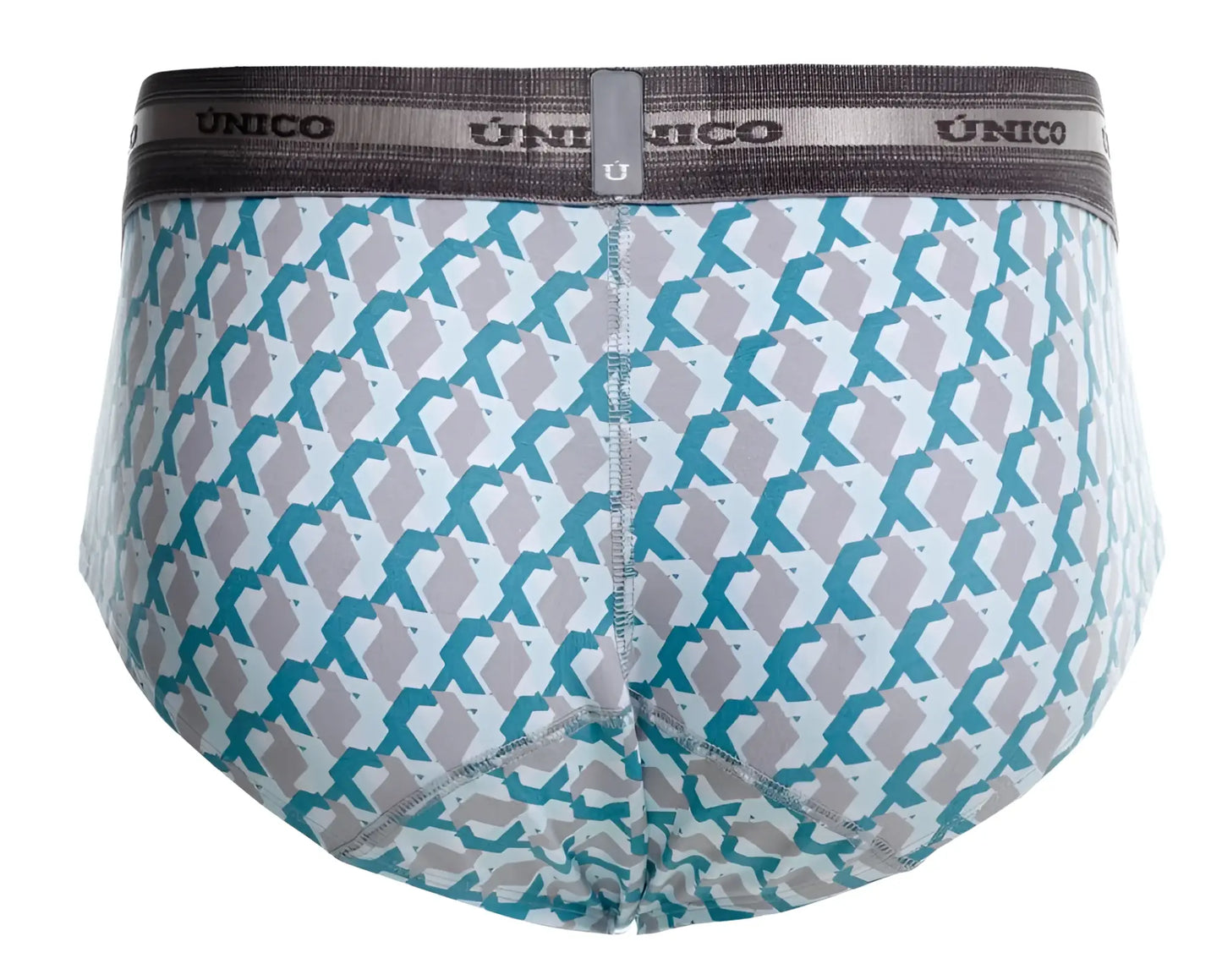 Unico 25040101115 caterva briefs in teal and gray geometric pattern with branded elastic waistband for men