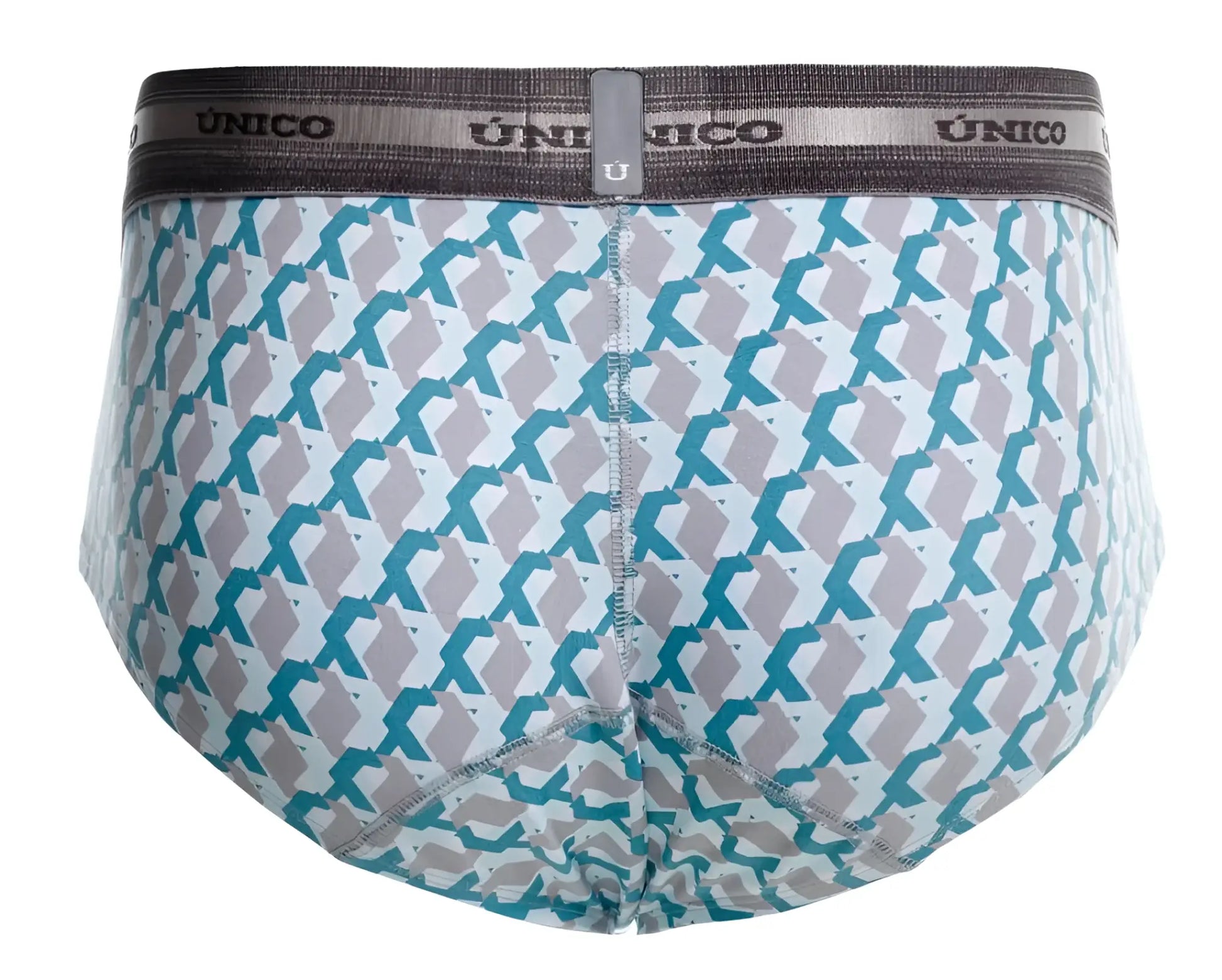 Unico 25040101115 caterva briefs in teal and gray geometric pattern with branded elastic waistband for men