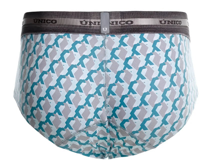 Unico 25040101115 caterva briefs in teal and gray geometric pattern with branded elastic waistband for men