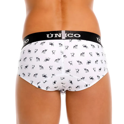 White briefs with black and white dog pattern and unico branded black waistband from unico 25040101130 frenchis briefs