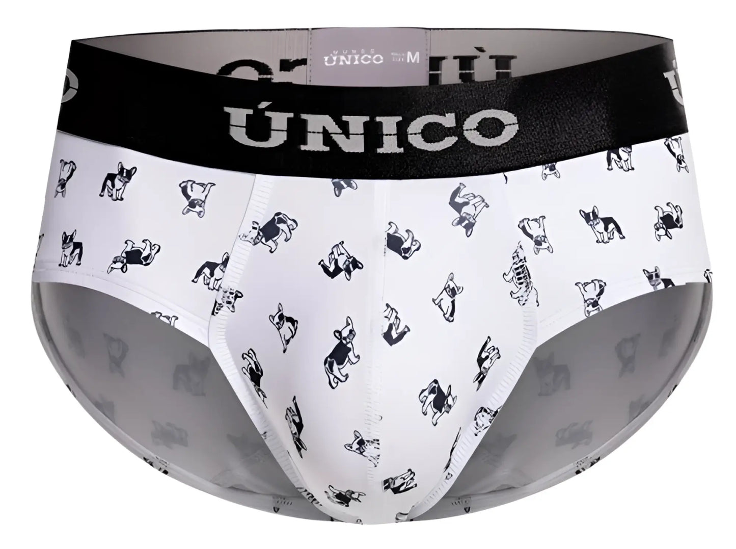White Unico Frenchis briefs with black french bulldog illustrations and black waistband featuring the Unico brand name