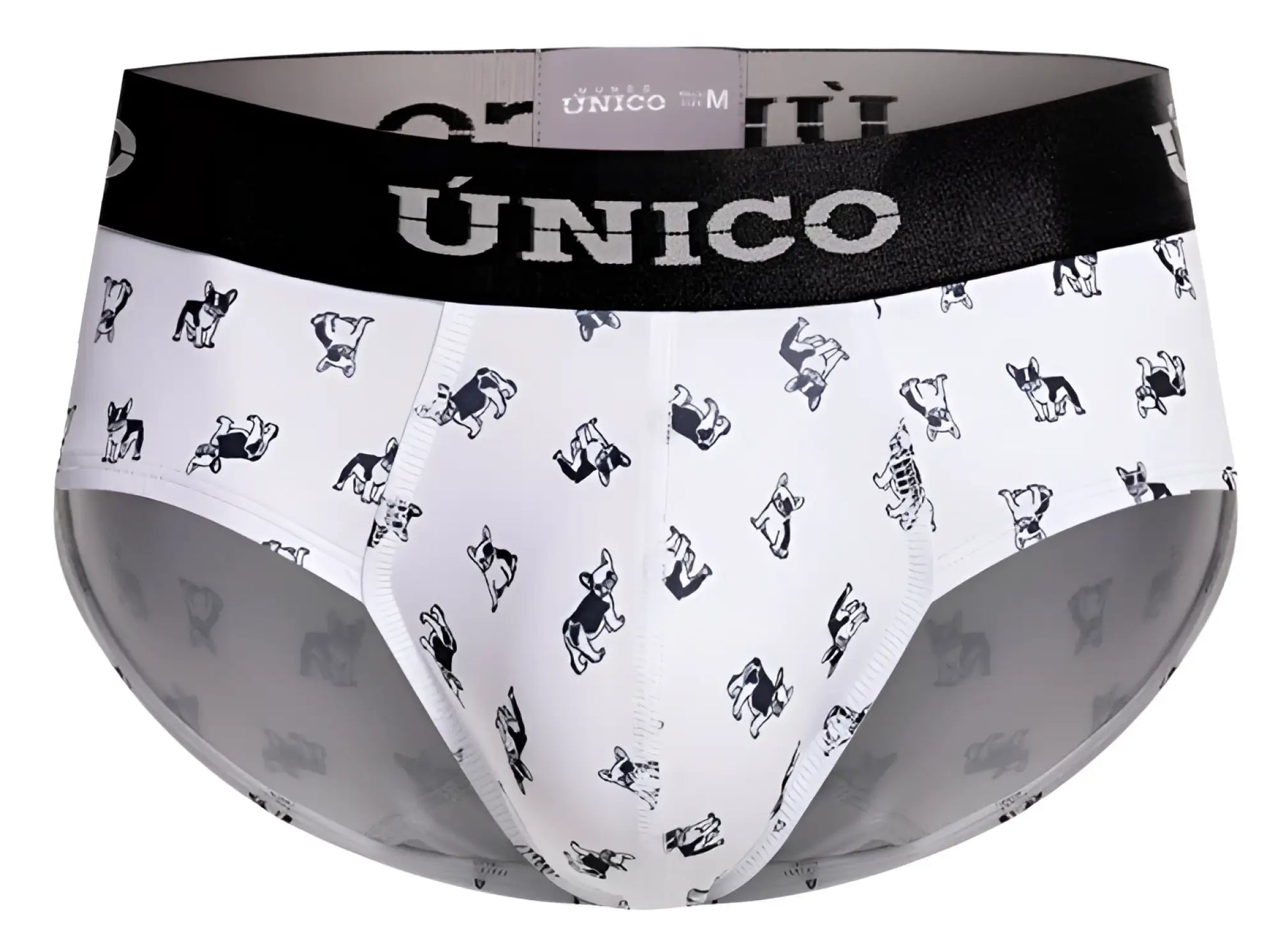 White Unico Frenchis briefs with black french bulldog illustrations and black waistband featuring the Unico brand name
