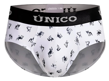 White Unico Frenchis briefs with black french bulldog illustrations and black waistband featuring the Unico brand name