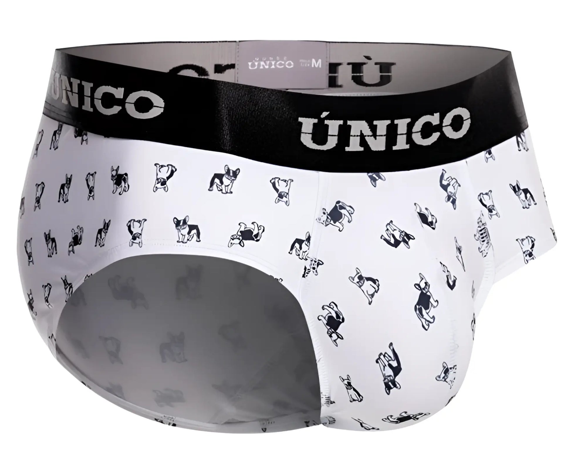 White briefs with black and gray cartoon french bulldogs pattern and bold black unico waistband color 00 white