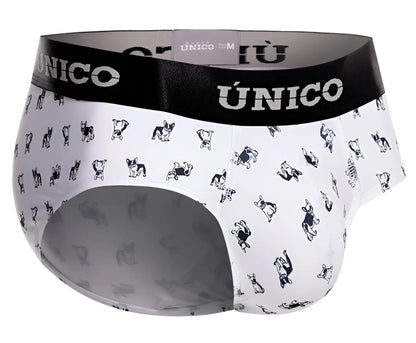 White briefs with black and gray cartoon french bulldogs pattern and bold black unico waistband color 00 white