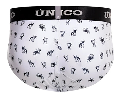 White briefs with black and white french bulldog pattern and black unico waistband color 00 white