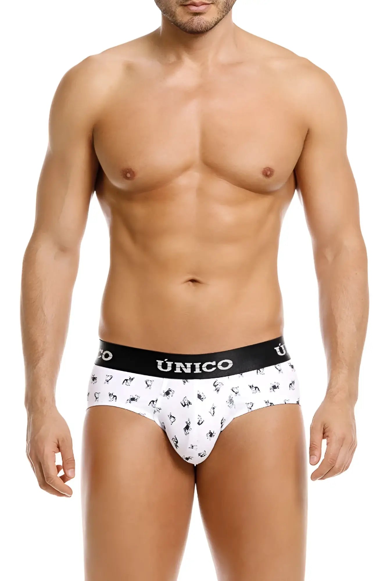 White unico frenchis briefs with black waistband and scattered black animal silhouettes in color 00-white
