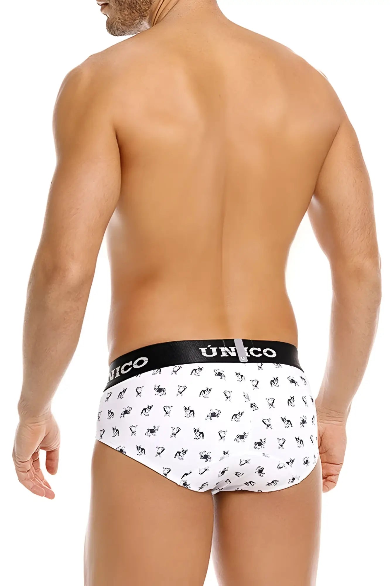 White francois briefs with unico brand black waistband and small dog silhouette pattern color 00-white