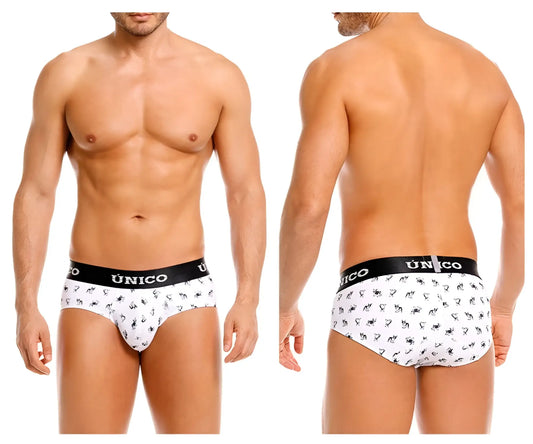 White unico frenchis briefs with black waistband and repeated stylized animal pattern color 00-white