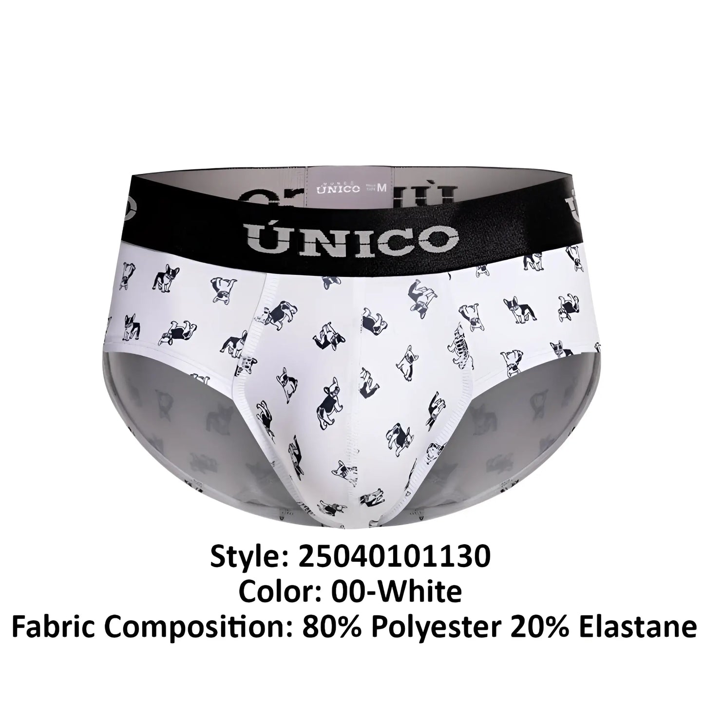 White unico 25040101130 frenchis briefs with black waistband and all over small stylized dog print in white color